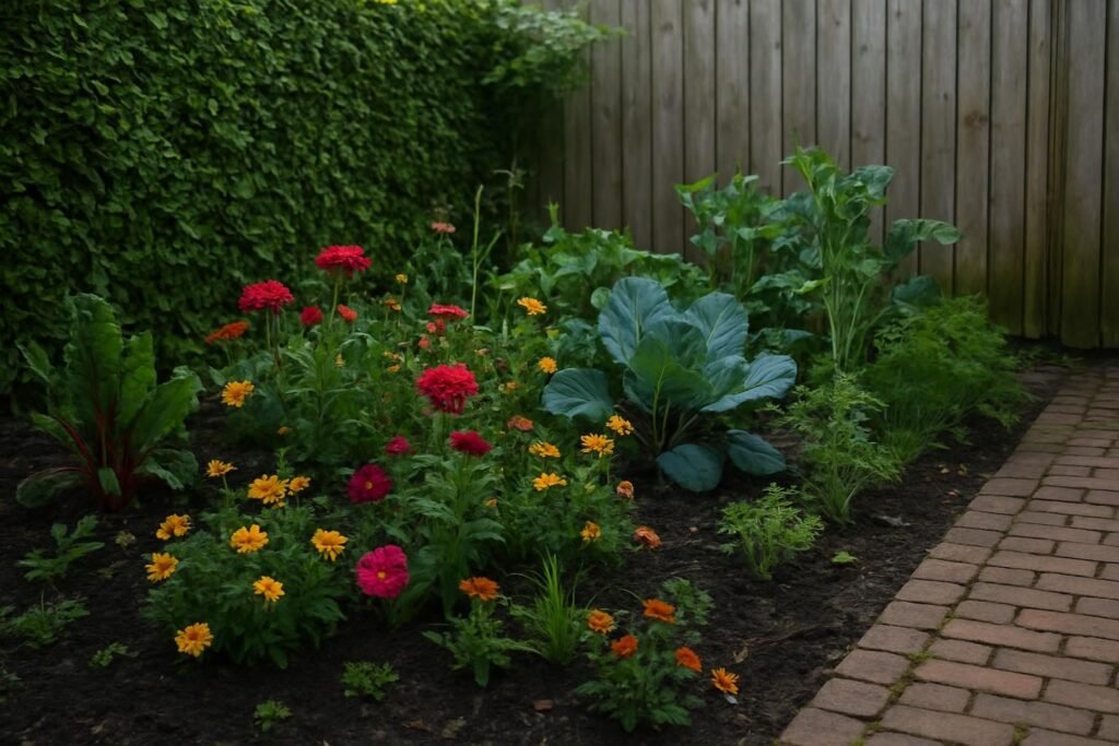 Bloemen en groenten die door elkaar heen groeien in een tuinbed