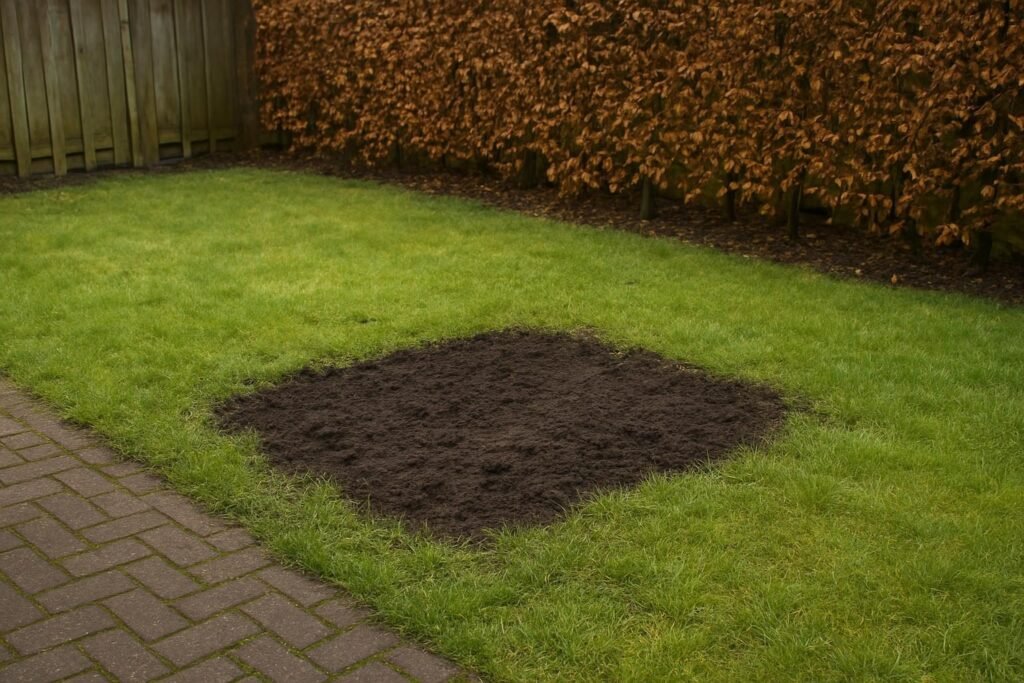 Een kale plek van losse donkere aarde midden in een groen gazon