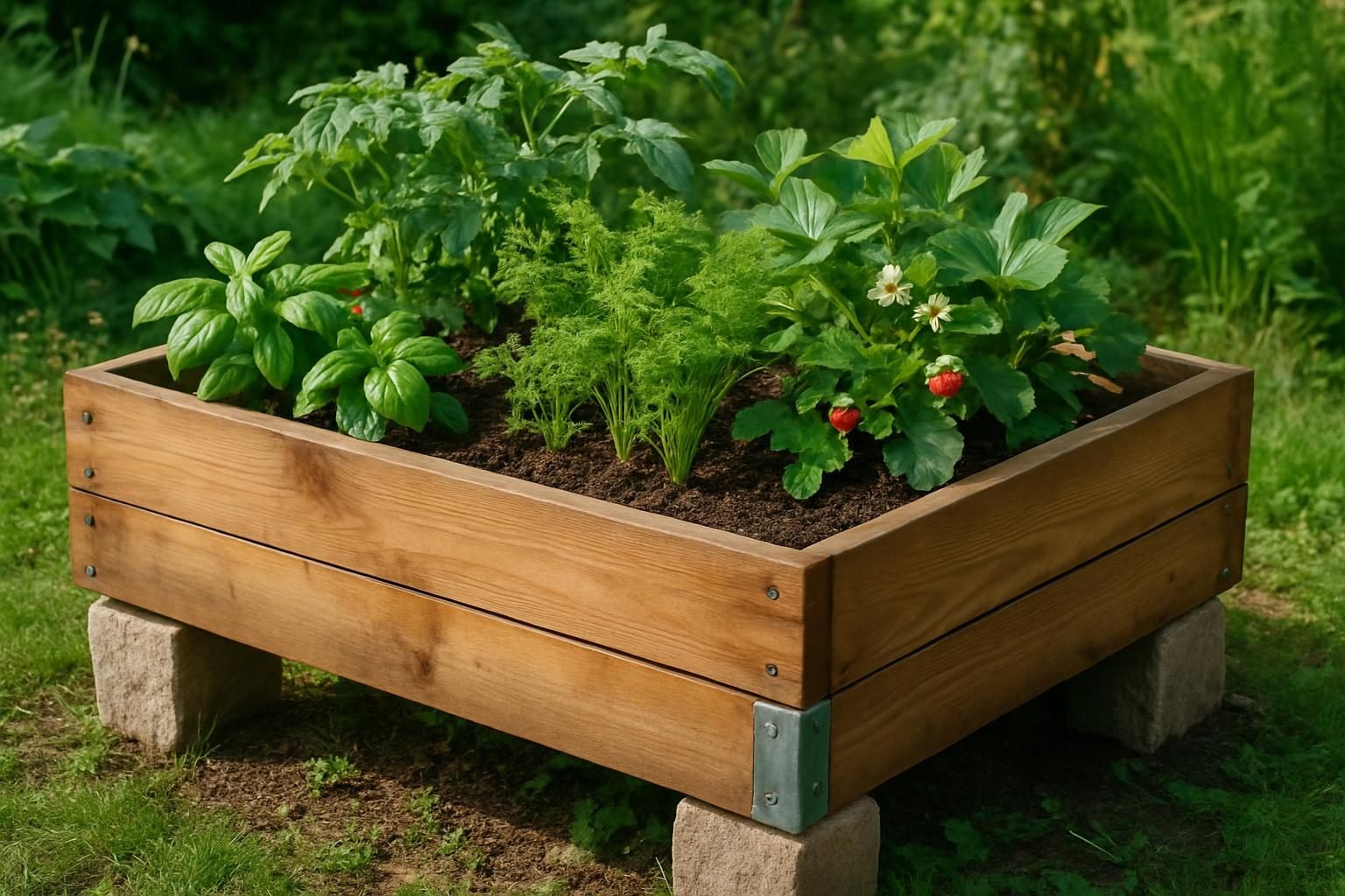 Verhoogd houten tuinbed met planten, op stenen geplaatst en met metalen hoekankers