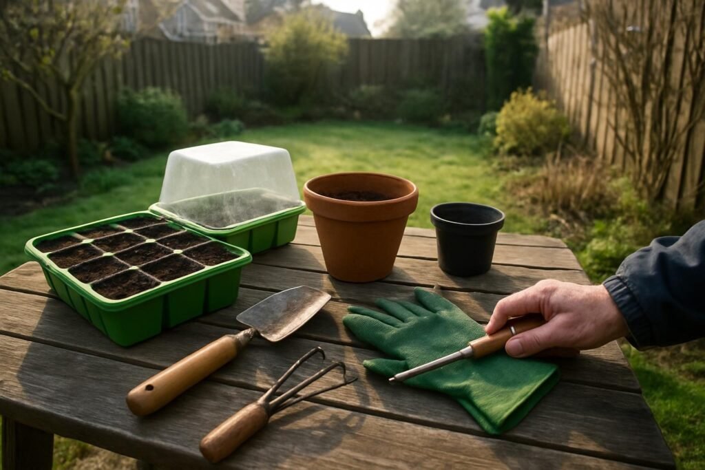Het gereedschap neergelegd op de tuintafel