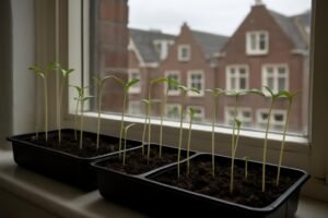 Zaailingen op een vensterbank met dunne stengels en weinig licht
