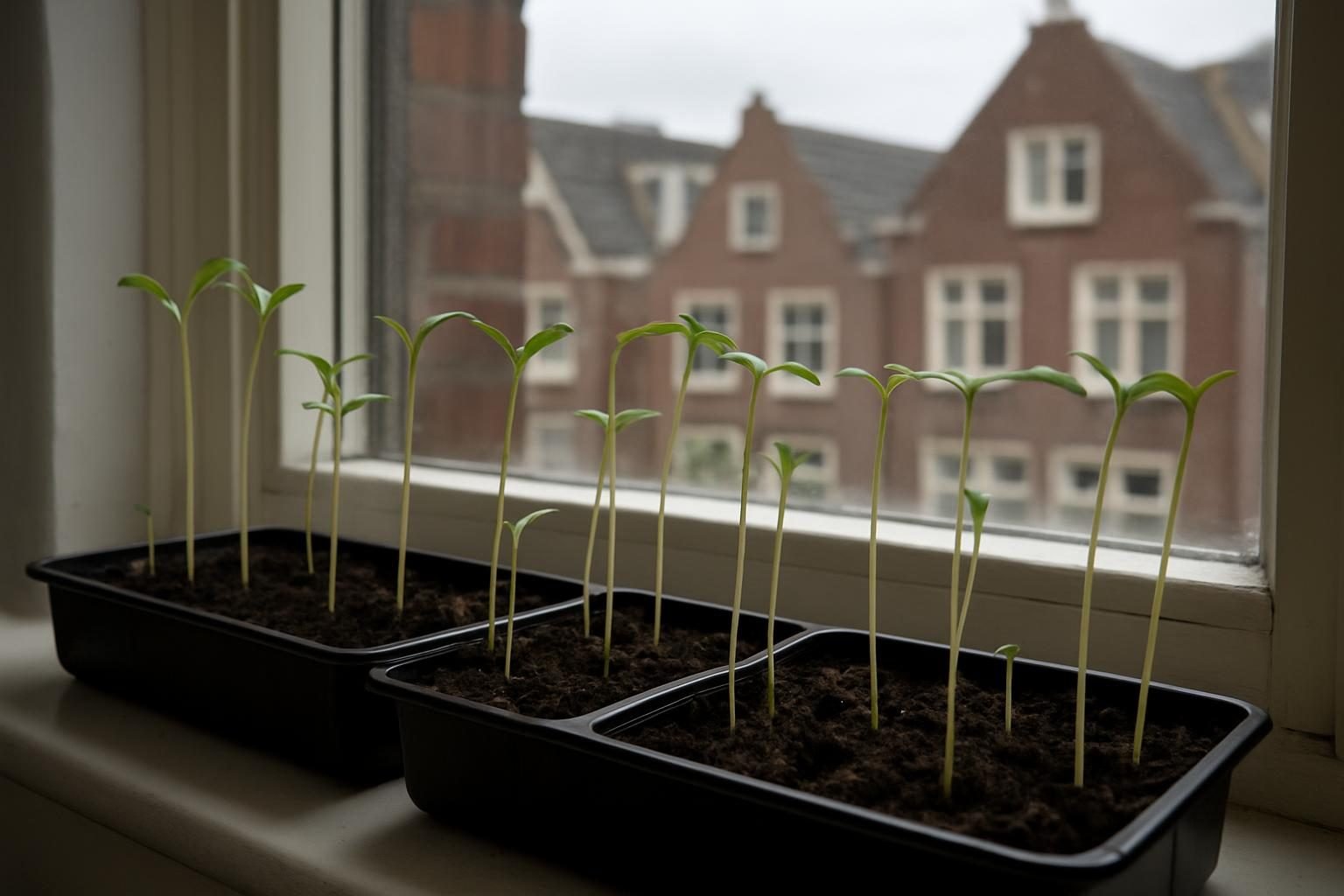 Zaailingen op een vensterbank met dunne stengels en weinig licht