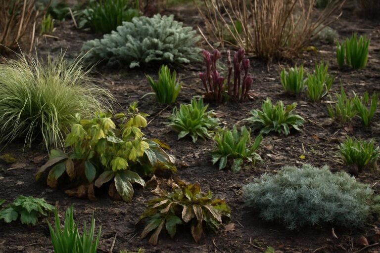 Een tuin met verschillende winterharde planten na de winter, met lichte sporen van weersinvloeden