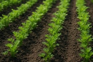 jonge wortelplantjes groeien in nette rijen in een tuin met losse grond