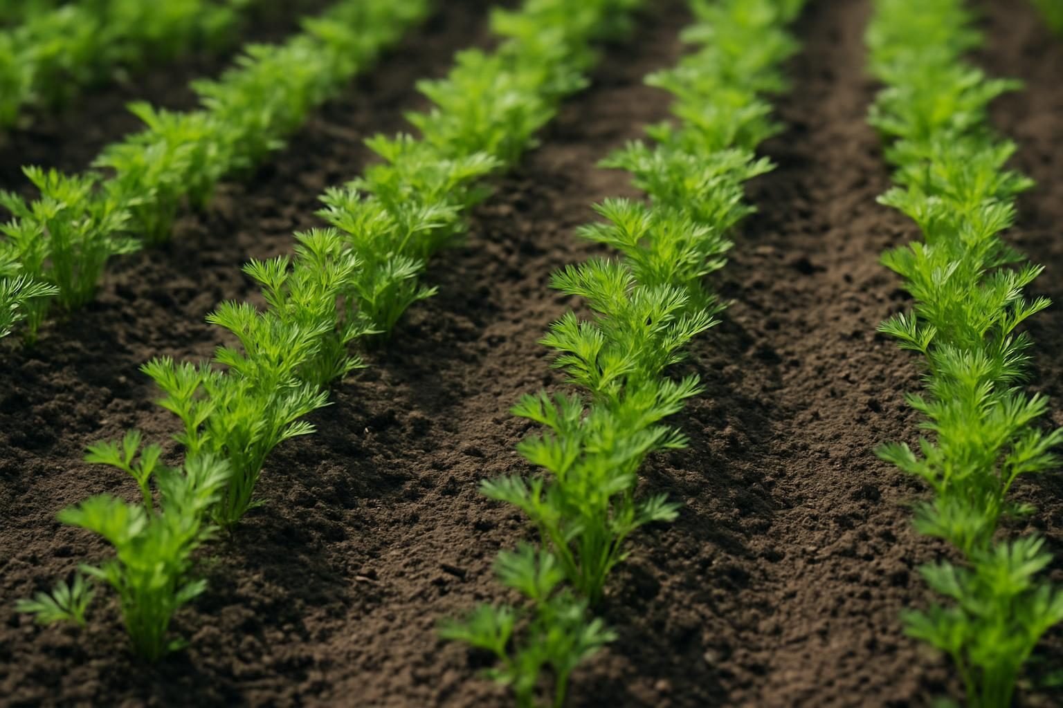 jonge wortelplantjes groeien in nette rijen in een tuin met losse grond